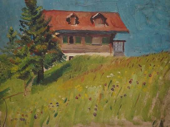 Continental School, Chalet on a hillside, monogrammed O. R., oil on artist's board, 23 x 29cm